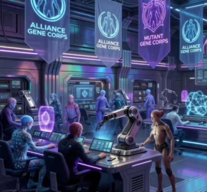 Futurikus szövetségi laboratórium neon fényekkel a Mutants: Genetic Gladiators világában