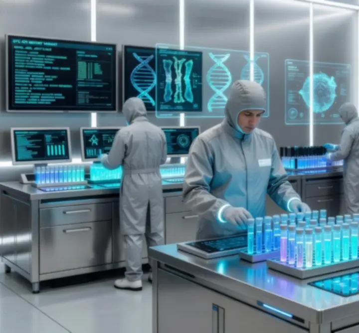 Futurisztikus genetikai labor, ahol mutáns DNS-mintákat vizsgálnak holografikus képernyőkön
