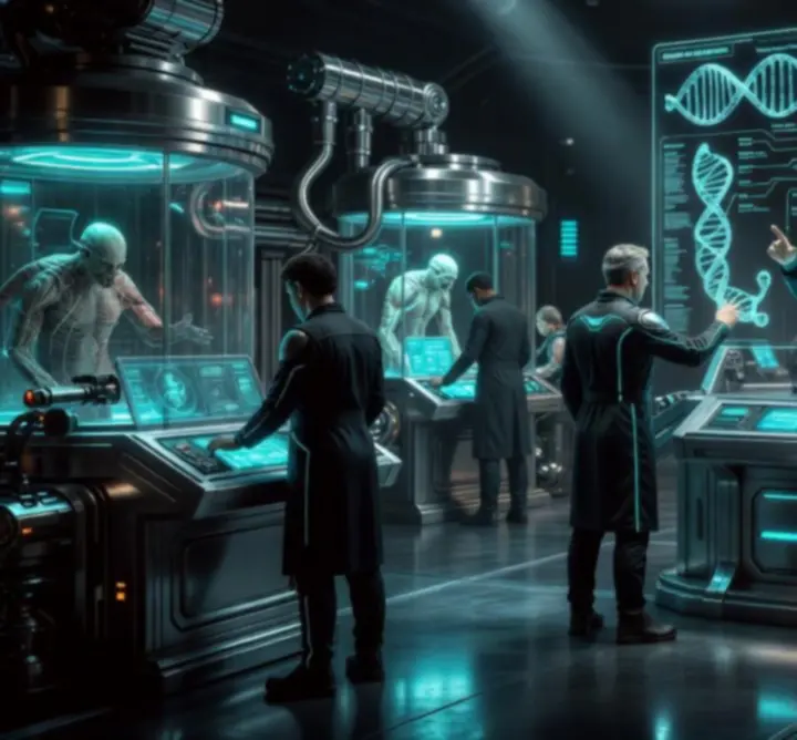 High-tech genetikai laboratórium holografikus kijelzőkkel és mutáns DNS-t vizsgáló kapszulákkal